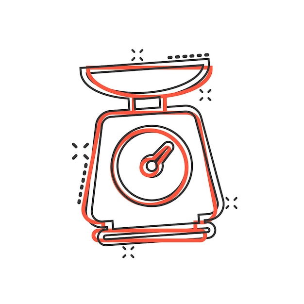 Icono de la escala de peso del baño en estilo cómico Ilustración vectorial de medición de masa en fondo aislado Concepto de negocio de letrero de efecto salpicaduras de sobrepeso