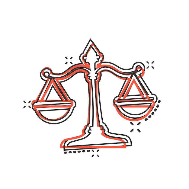 Ícono de escalas en estilo cómico Ilustración vectorial de dibujos animados de Libra en un fondo aislado Comparación de masas Efecto de salpicaduras Concepto de negocio de señales