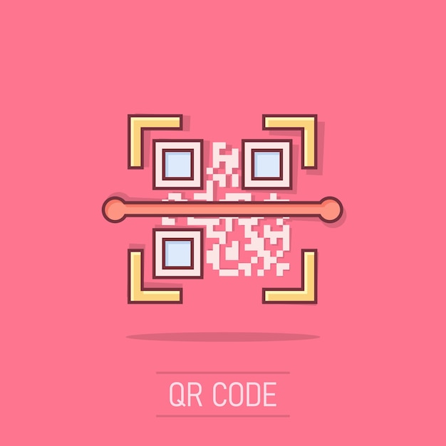 Icono de escaneo de código QR en estilo cómico Ilustración de dibujos animados de vector de identificación de escáner sobre fondo blanco aislado Efecto de salpicadura de concepto de negocio de código de barras