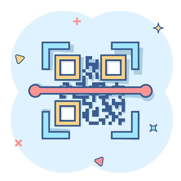 Icono de escaneo de código QR en estilo cómico Ilustración de dibujos animados de vector de identificación de escáner sobre fondo blanco aislado Efecto de salpicadura de concepto de negocio de código de barras