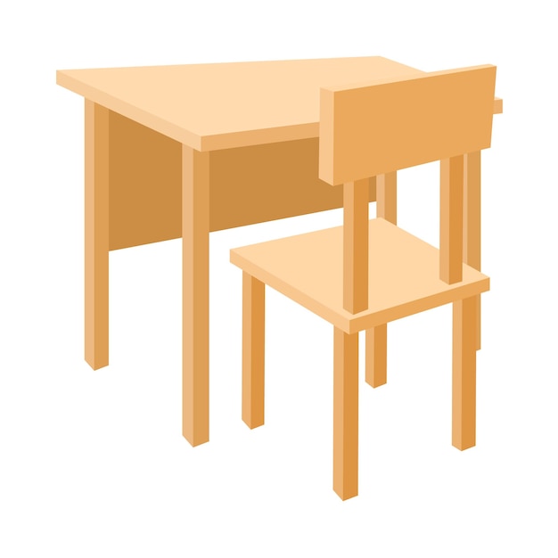 Vector icono de escritorio y silla de madera en estilo de dibujos animados sobre un fondo blanco