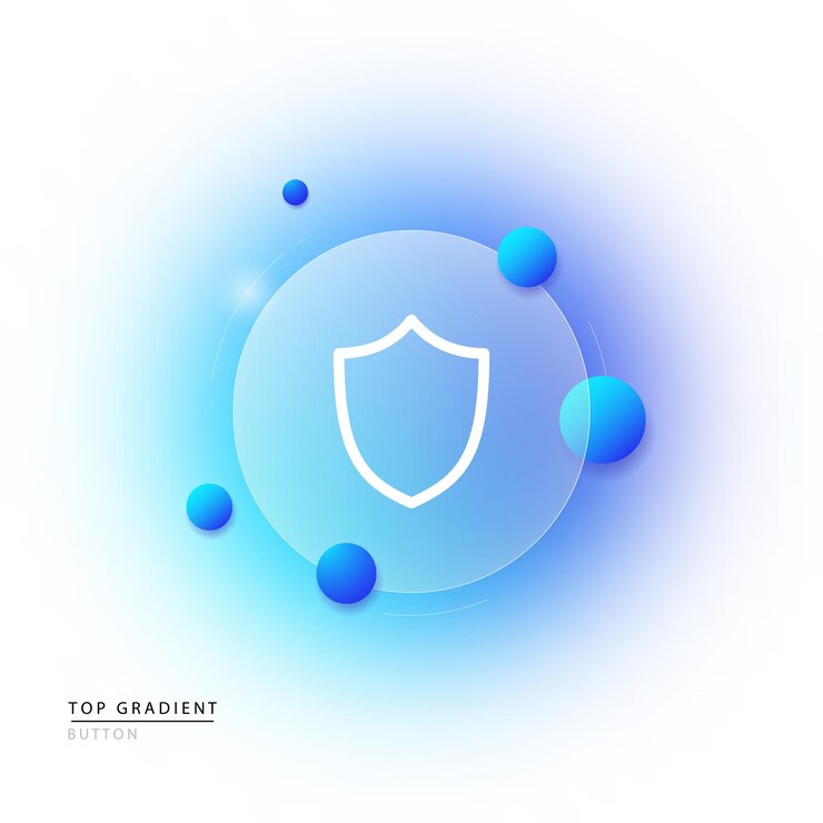 Icono de escudo Protección antivirus Protección contra enfermedades Antivirus Botón de desenfoque de degradado con construcción de vidrio transparente glassmorphism