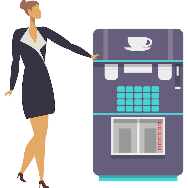 Vector ícono de espacio de trabajo vector mujer trabajadora de oficina personaje tomando un descanso y bebiendo café de la máquina de café