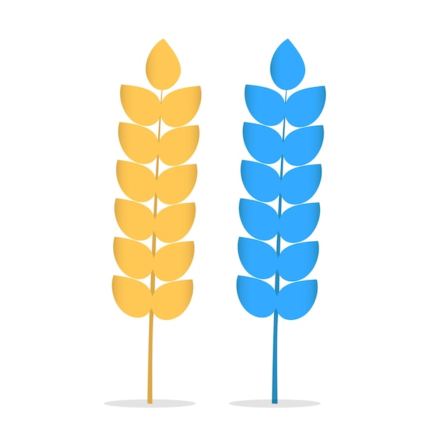 Icono de espiguillas de planta de orejas de trigo azul y amarillo en ilustración de vector de fondo blanco
