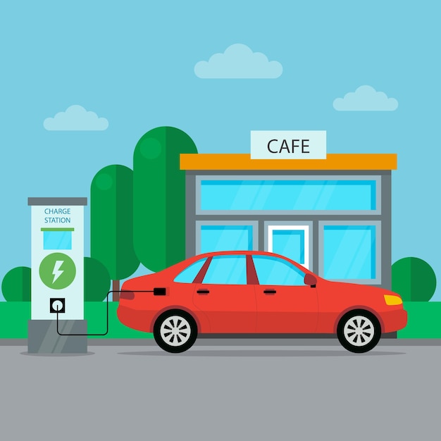 Icono de estación de carga de coche eléctrico con café