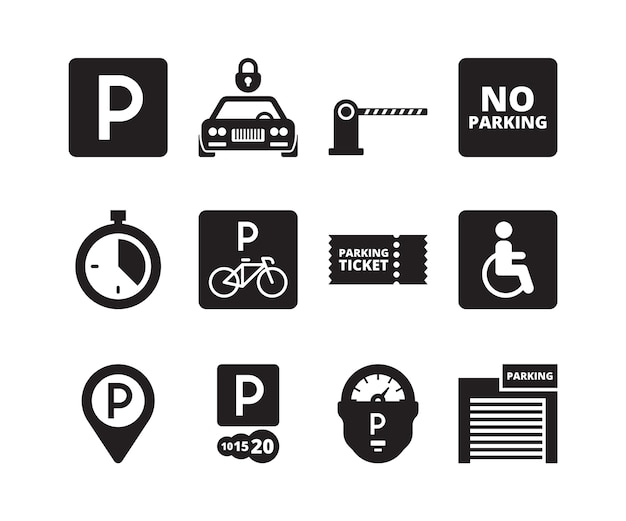 Vector icono de estacionamiento. transporte silueta símbolos coches bicicletas efectivo garaje vehículos parque colección conjunto. ilustración estacionamiento vehículo garaje, servicio de ubicación de transporte ilustración