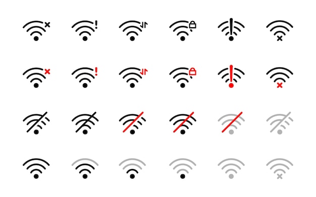 El icono de estado de la conexión Wi-Fi establece el símbolo de señal perdida Ilustración del vector de error Wi-Fi Indicador de red
