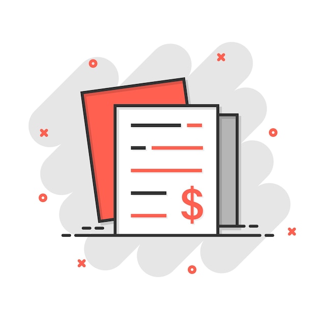 Icono de estado financiero en estilo cómico Ilustración de vector de dibujos animados de documento sobre fondo blanco aislado Informe concepto de negocio de efecto de salpicadura