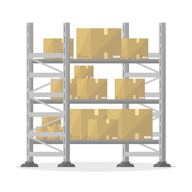 Icono de estantería con estanterías y cajas sobre un fondo blanco Almacenamiento de carga Logística