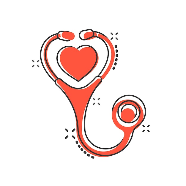 Icono de estetoscopio en estilo cómico Ilustración de vector de dibujos animados de diagnóstico de corazón sobre fondo aislado Concepto de negocio de signo de efecto de salpicadura de medicina