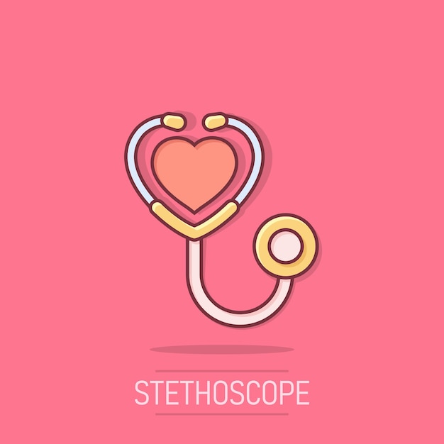Icono de estetoscopio en estilo cómico Ilustración de vector de dibujos animados de diagnóstico de corazón sobre fondo aislado Efecto de salpicadura de medicina signo concepto de negocio