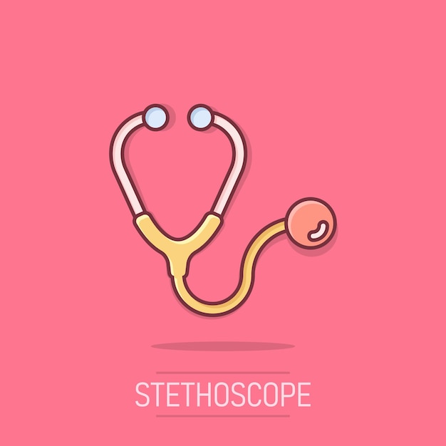 Icono de estetoscopio en estilo cómico Ilustración de vector de dibujos animados de diagnóstico de corazón sobre fondo aislado Efecto de salpicadura de medicina signo concepto de negocio