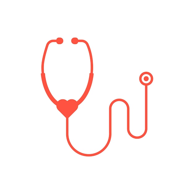 Icono de estetoscopio rojo aislado sobre fondo blanco concepto de emblema cardiología centro médico de familia investigación médica procedimientos terapéuticos estilo plano tendencia moderno logotipo diseño vector ilustración