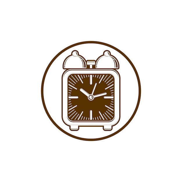 Icono de estilo conceptual de tiempo, reloj de escritorio simple colocado en un círculo. Se puede utilizar en publicidad y como elemento web.