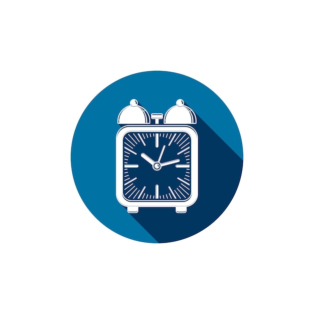 Icono de estilo conceptual de tiempo, reloj de escritorio simple colocado en un círculo. Se puede utilizar en publicidad y como elemento web.