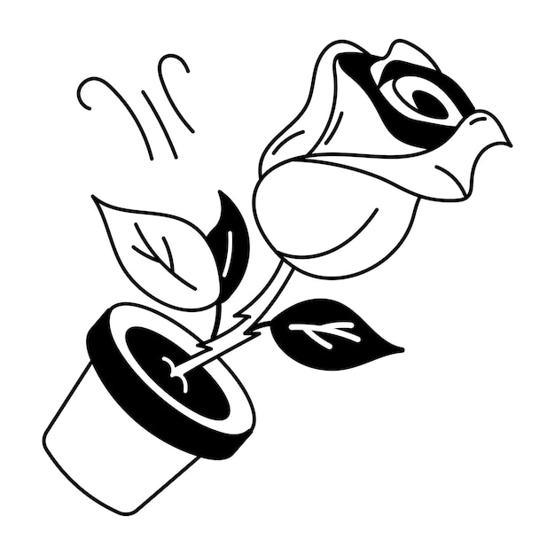 Un icono de estilo doodle de la planta de interior de la rosa
