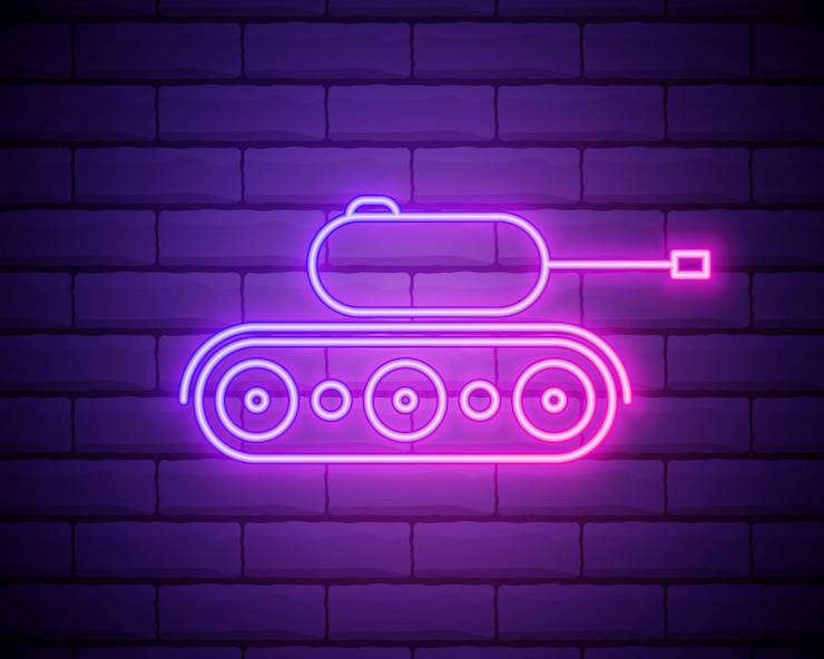Vector icono de estilo de neón de tanque vector de contorno de línea delgada simple de iconos del ejército para el sitio web de ui y ux o aplicación móvil aislado en la pared de ladrillo