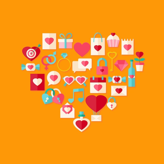 Icono de estilo plano de día de San Valentín en forma de corazón con sombra. Objeto plano estilizado con sombra
