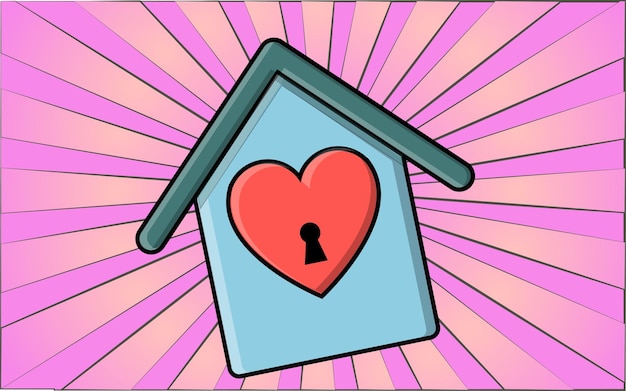 Vector icono de estilo plano simple de una hermosa casa con una casita para pájaros con un corazón y un ojo de cerradura