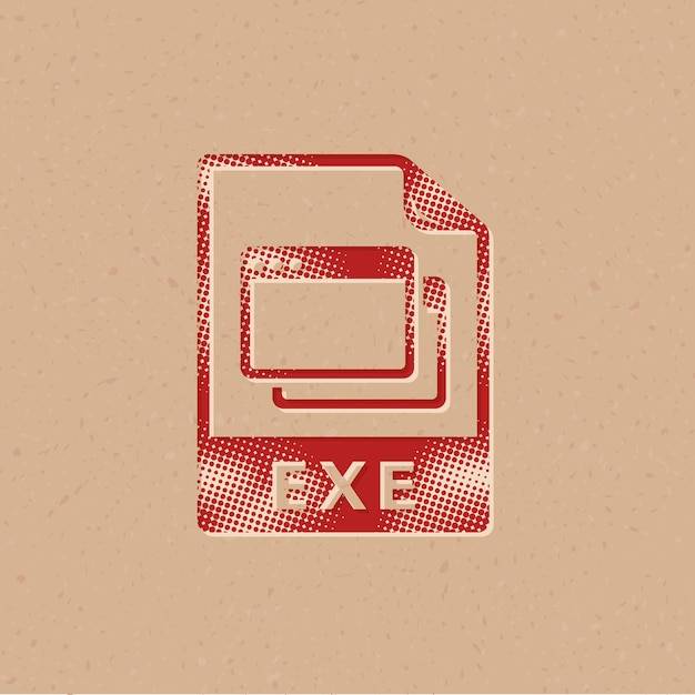 Icono de estilo de semitono de formato de archivo ejecutable con ilustración de vector de fondo grunge