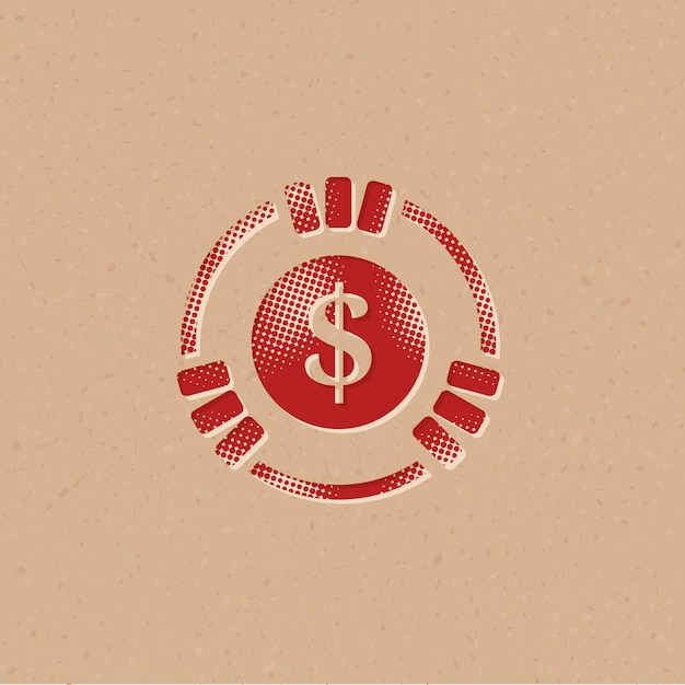 Vector icono de estilo de semitono de moneda de juego con ilustración de vector de fondo grunge