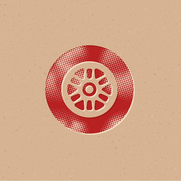 Icono de estilo de semitono de neumático de coche con ilustración de vector de fondo grunge