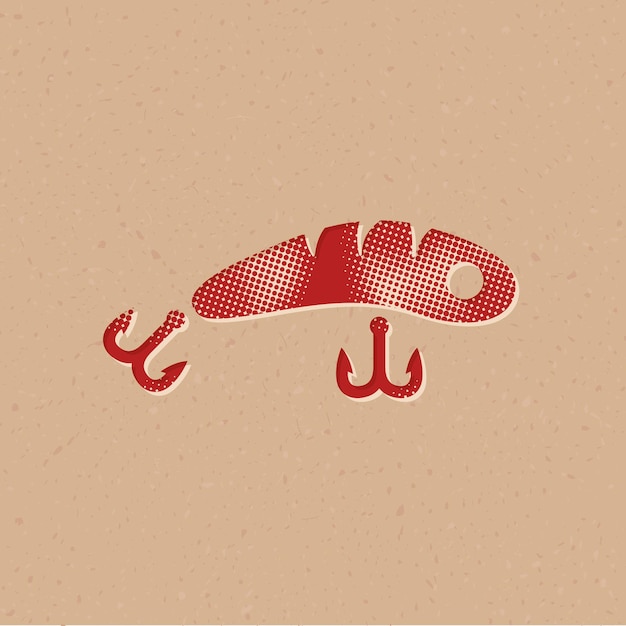 Icono de estilo de semitono de señuelo de pesca con ilustración de vector de fondo grunge
