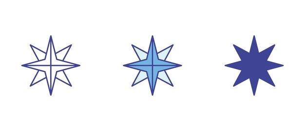 Icono de estrella náutica en tres variaciones con contorno lineal colorido y silueta