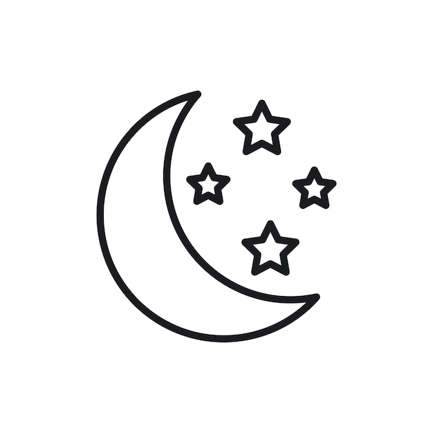 El icono de las estrellas de la luna establece la luna de la noche con el símbolo vectorial de las estrellas, la mitad del signo de la luna de Ramadán en estilo negro lleno y delineado.