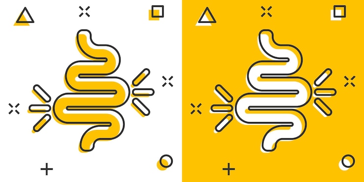 Vector icono del estreñimiento intestinal en estilo cómico ilustración de dibujos animados vectoriales de colitis en fondo blanco aislado efecto de salpicaduras del concepto de negocio del estómago