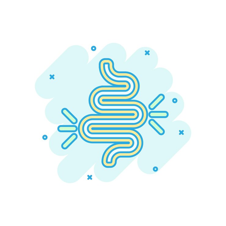 Vector icono del estreñimiento intestinal en estilo cómico ilustración de dibujos animados vectoriales de colitis en fondo blanco aislado efecto de salpicaduras del concepto de negocio del estómago