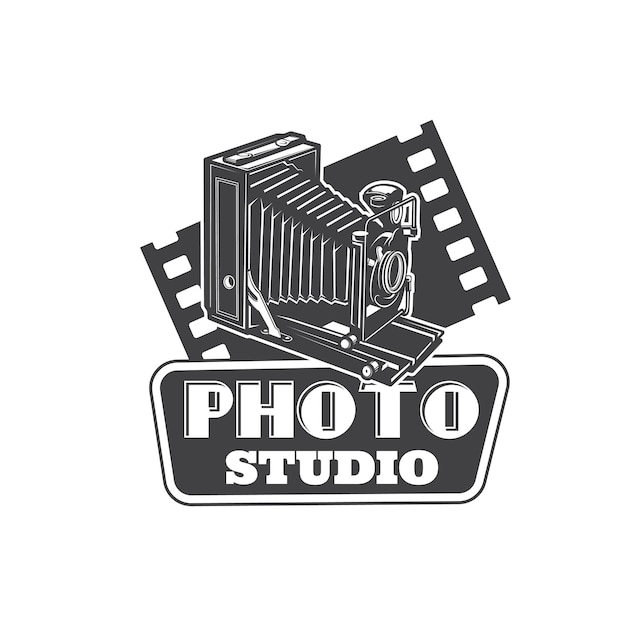 Icono de estudio fotográfico con cámara vector emblema retro