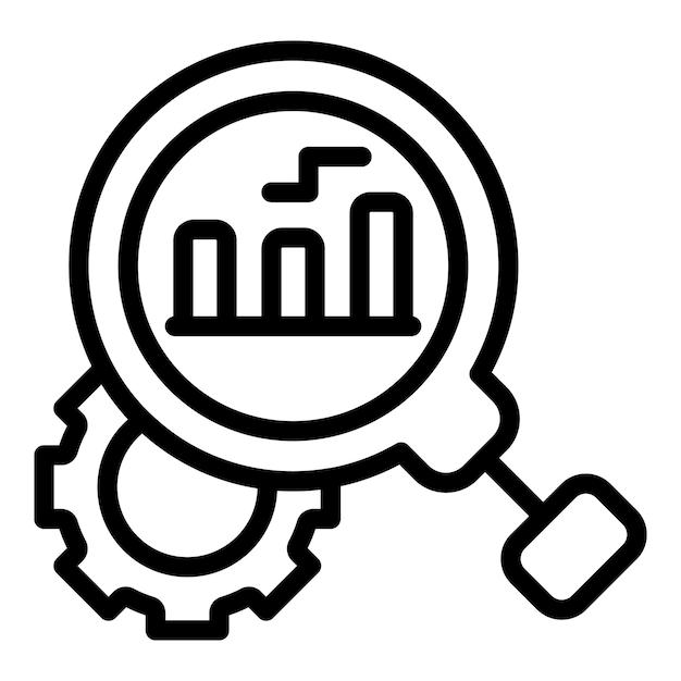 Icono de estudios de mercado de engranajes de búsqueda Esquema Icono de vector de estudios de mercado de engranajes de búsqueda para diseño web aislado sobre fondo blanco