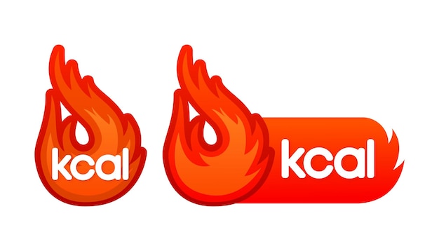 Icono y etiqueta de fuego kcal quema de grasa energética logotipo caliente de kilocaloría ilustración vectorial