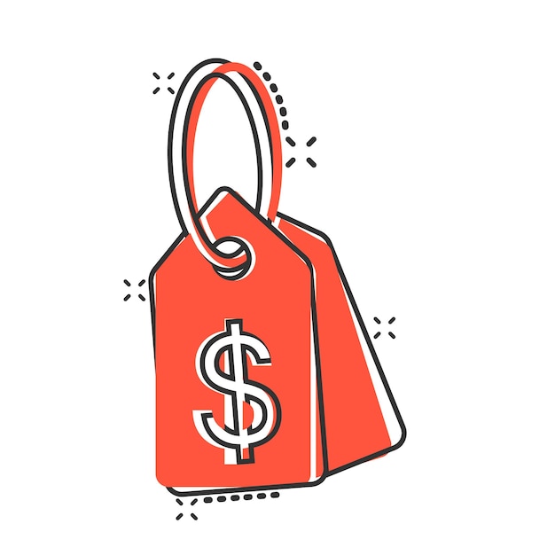 Icono de etiqueta de precio en estilo cómic Ilustración de vector de dibujos animados de etiqueta sobre fondo blanco aislado Concepto de negocio de efecto de salpicadura de cupón de venta