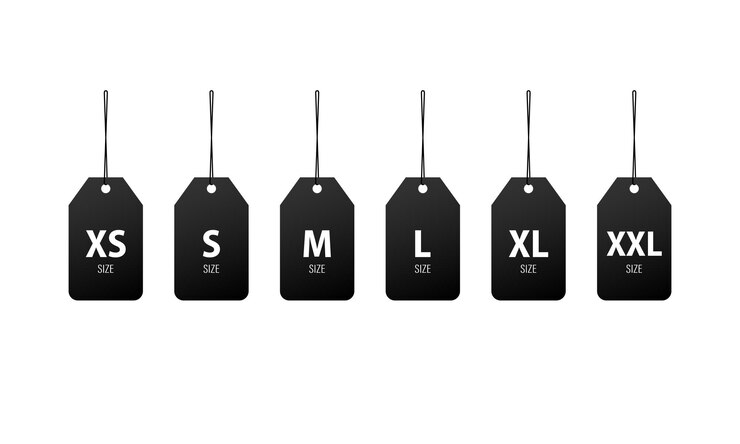 Icono de etiqueta de talla de ropa en negro. Tamaños pequeños, grandes y extragrandes. Etiquetas XS, S, M, L, XL, XXL. Vector EPS 10. Aislado sobre fondo blanco.