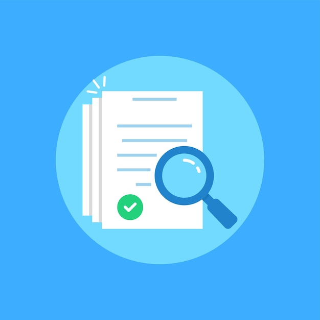 icono de evaluación fácil con lupa de dibujos animados azul concepto de servicio de consultoría o gestión para auditor y proceso de investigación evaluador de tendencia plana o plan regulatorio diseño gráfico de logotipo simple