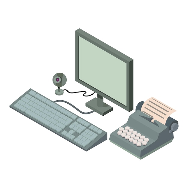 Icono de evolución del dispositivo vector isométrico Computadora moderna y máquina de escribir vintage Concepto de evolución tecnológica