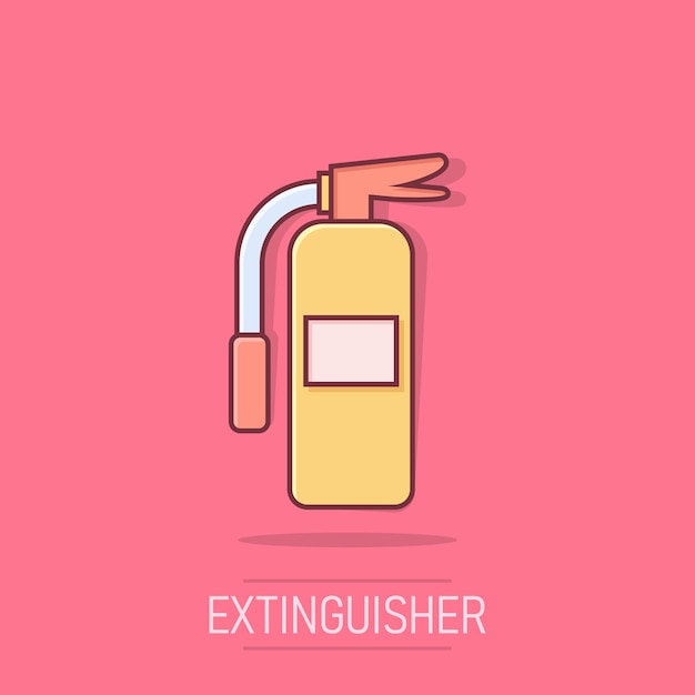 Icono de extintor en estilo cómico Ilustración vectorial de dibujos animados de protección contra incendios en fondo blanco aislado Concepto de negocio de efecto salpicaduras de emergencia