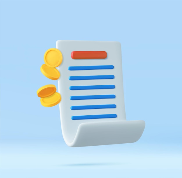 Icono de factura de recibo 3D Pago de factura 3D con moneda y seguridad financiera para compras en línea Pago en línea 3D Ilustración vectorial de renderización