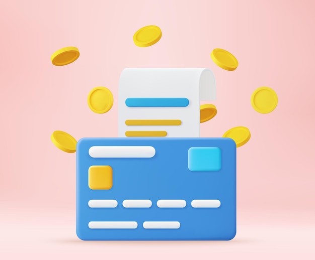 Icono de factura de recibo 3d Pago de factura 3D con tarjeta de crédito y seguridad financiera para compras en línea pago en línea tarjeta de crédito 3D con concepto de protección de pago Ilustración vectorial