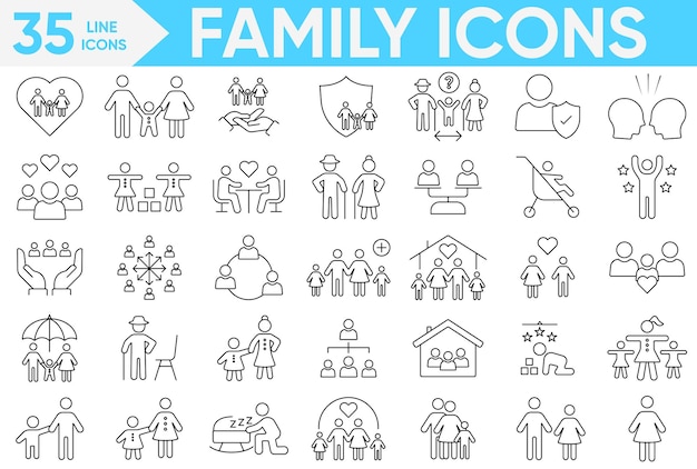 El icono de la familia, el carruaje de bebé, el niño, los padres, la madre, el padre, el trabajo en equipo de la Familia, los ancianos, las parejas, los niños, los bebés, los abuelos y más, el conjunto de vectores e ilustradores.