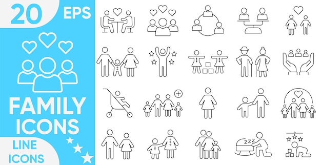 El icono de la familia, el carruaje de bebé, el niño, los padres, la madre, el padre, el trabajo en equipo de la Familia, los ancianos, las parejas, los niños, los bebés, los abuelos y más, el conjunto de vectores e ilustradores.