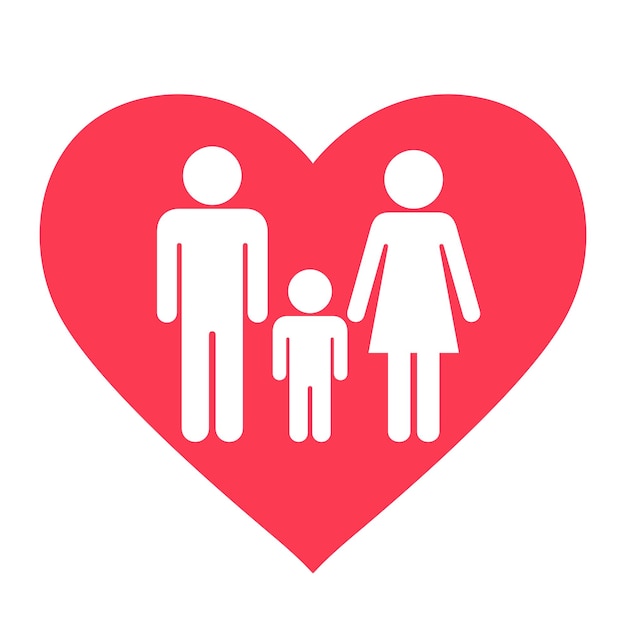 Vector icono de familia feliz. mamá, papá y niño en forma de corazón.