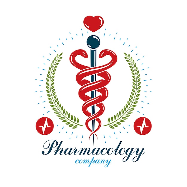 Icono de la farmacia Caduceus, logotipo médico creado con forma de corazón y símbolo de gráfico de electrocardiograma. Emblema de la clínica de diagnóstico de cardiología para su uso en medicina y rehabilitación.