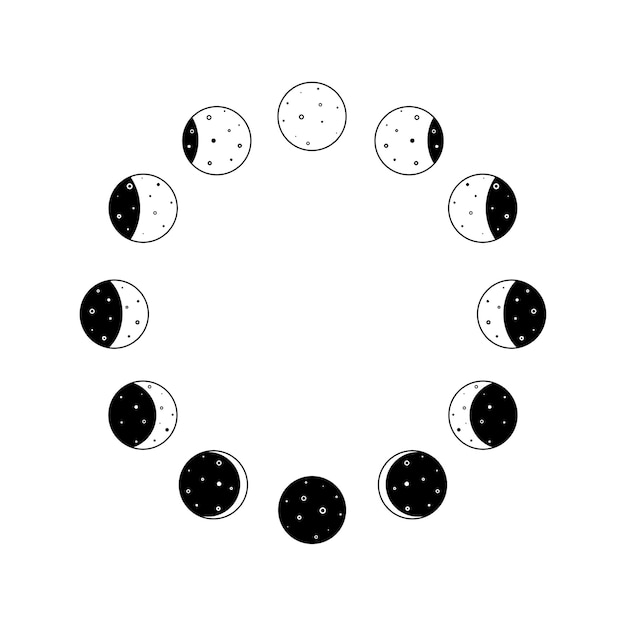 Icono de fases de la luna circular en contorno negro silueta ciclo completo de astronomía de luna nueva a ful ...