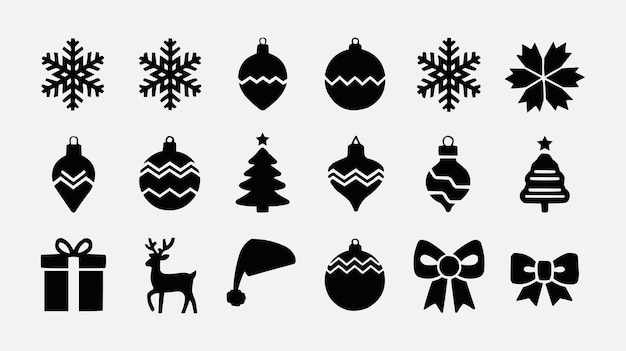 Icono de Feliz Día de Navidad Negro Siluetas Icono de Navidad Festivo Conjunto Conjunto en Fondo Blanco
