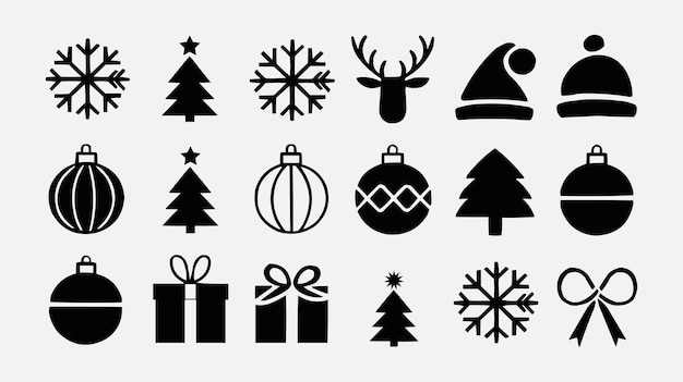 Icono de Feliz Día de Navidad Negro Siluetas Icono de Navidad Festivo Conjunto Conjunto en Fondo Blanco