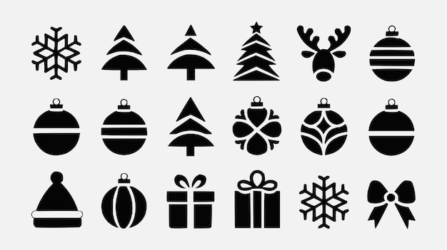 Icono de Feliz Día de Navidad Negro Siluetas Icono de Navidad Festivo Conjunto Conjunto en Fondo Blanco