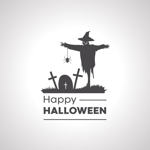 icono de feliz halloween con silueta de cementerio cementerio con espantapájaros